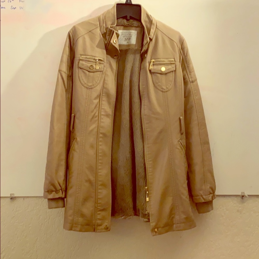 Leather pea coat with faux fur inside